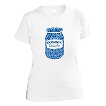 Vtipné biele tričko s krátkymi rukávmi pre dievčatá s modrou potlačou pohára tatarskej omáčky plného písmen a etiketou s nápisom Dominik Tatarka