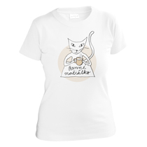 Veselé biele bavlnené tričko s krátkymi rukávmi pre dievčatá s potlačou mačky držiacej horúcu šálku kávy a nápisom ranné mačiatko