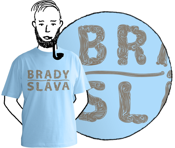 Svetlo modré bavlnené pánske tričko s krátkymi rukávmi s nápisom Brady sláva ktorý ma textúru fúzov