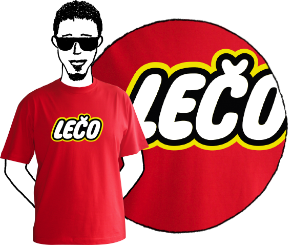 Červené bavlnené pánske tričko na leto s krátkymi rukávmi s nápisom Lečo pripomínajúce logo výrobcu hračiek Lego