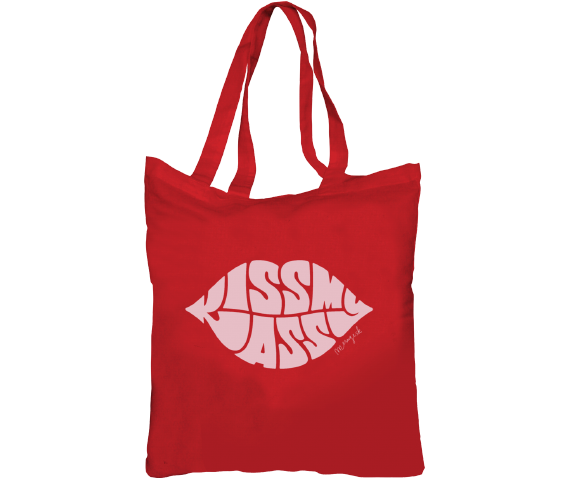 Úprimná plátená taška červenej farby s odkazom v tvare pier kiss my ass ak by sa chcel niekto starať do vašich nákupov. Bozkov nie je nikdy dosť.